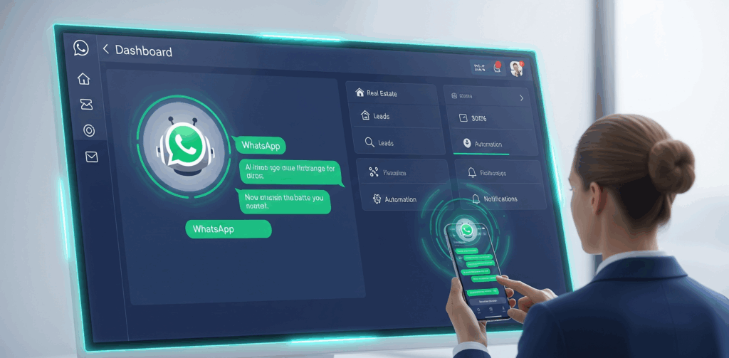 CRM dashboard and WhatsApp AI chatbot on phone helping a business user manage sales leads WhatsApp marketing for businesses
