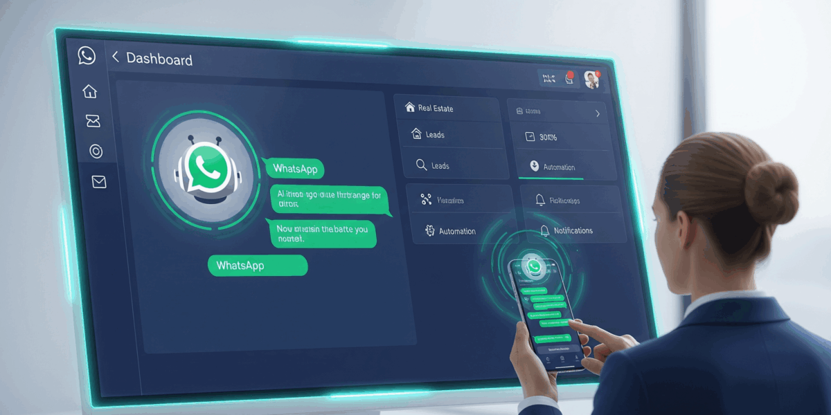 CRM dashboard and WhatsApp AI chatbot on phone helping a business user manage sales leads WhatsApp marketing for businesses