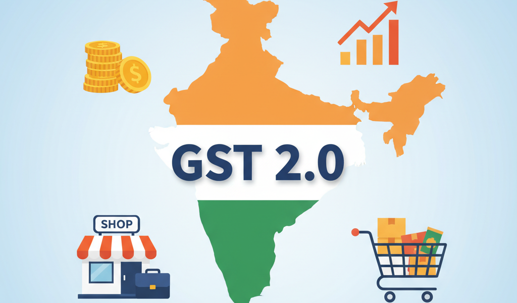 Illustration of India map with GST 2.0 text, surrounded by icons of money, growth charts, shopping carts, and tax documents, symbolizing India’s new tax reform.